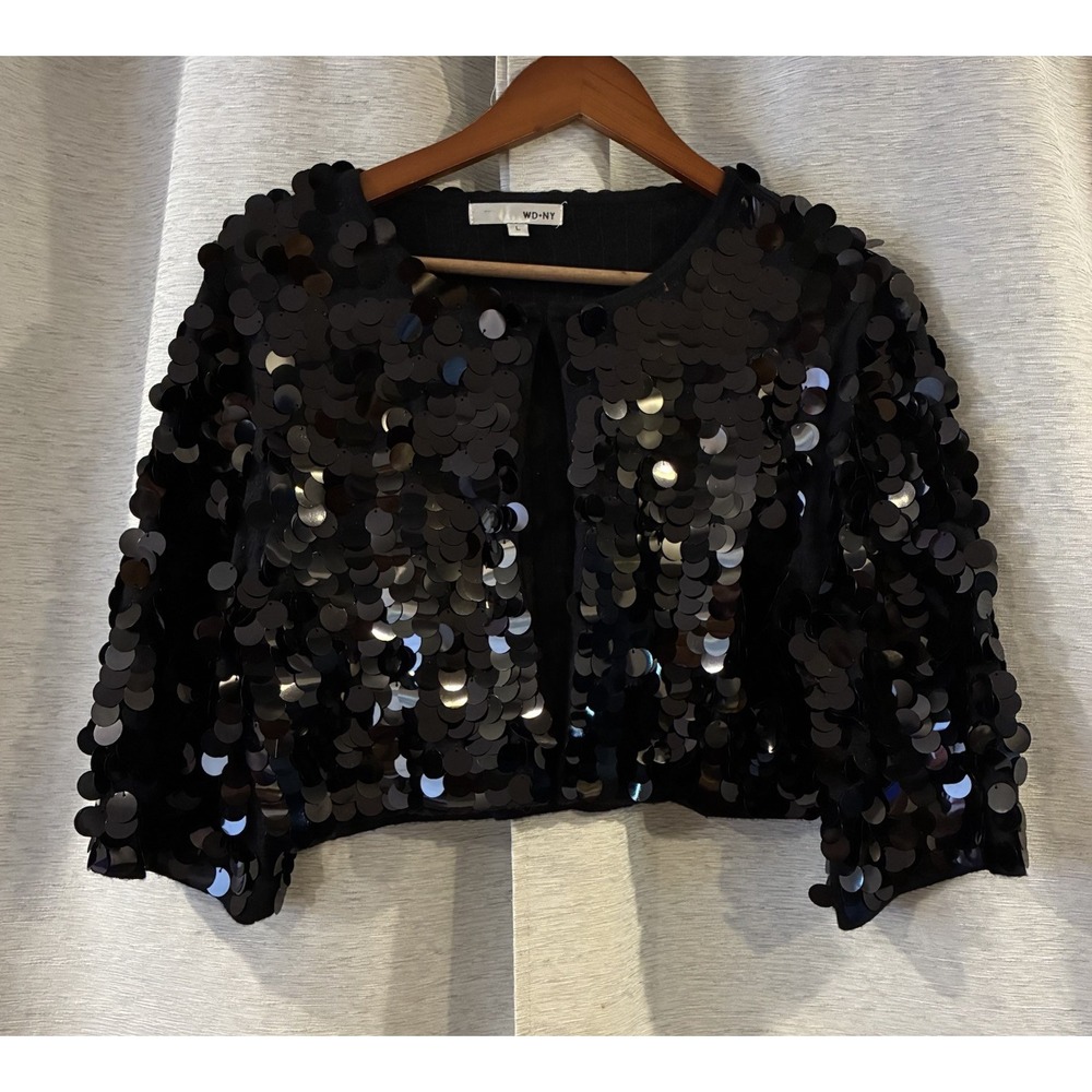 WDNY Women Black Big Sequin Cropped Jacket Y2K Retro Festival Rave Bolero Large
